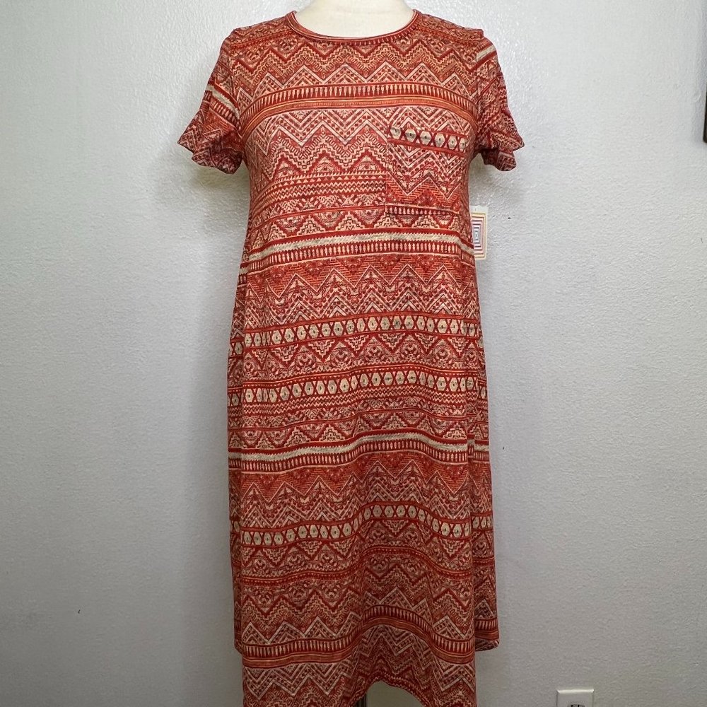 NWT LuLaRoe Carly Burnt Orange Tan Geometric Print Front Pocket Dress Sz XS
